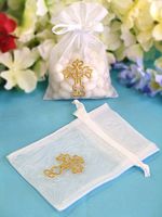White Sheer Organza Bag with Gold Embroidered Cross (3.25in. W x 4.75in. L) - pack of 12