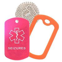 Seizures Medical Alert ID Necklace with Pink Hot Tag, Orange Silencer, and 30'' USA Chain - 154 Color Choices