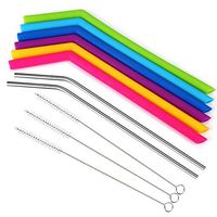 Silicone Straws, Stainless Steel Straws with Cleaning Brushes Complete Bundle- Reusable Extra Long Curved Straws for 30 OZ Yeti/Rtic Tumblers Set of 8