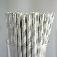 BalsaCircle 150 pcs 8-Inch Silver and White Striped Paper Straws - Disposable Wedding Party Birthday Event Picnic Supplies
