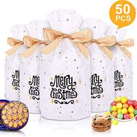 50pcs Christmas Candy Cookies Drawstring Gift Bags 7”×4”, Plastic Treat Bags with Bow-Tie for Birthday Party Wedding Favor,U