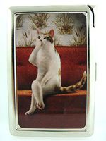 Metal Cigarette Case with Built in Lighter Bad Cat 06 100's Size Cigarettes Silver Metal Wallet 4.75" X 2.75" RFID Protection