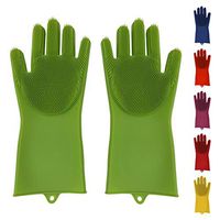 Silicone Dishwashing Gloves Reusable Heat Resistant Dish Scrubber for Cleaning Kitchen Bathroom Car Washing Large Non-Latex Sponge Gloves in Trendy Colors (Green)