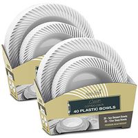 Laura Stein Designer Dinnerware Set | 80 Disposable Plastic Party Bowls | White Wedding Bowl with Silver Rim | Set Includes 40 x 12 oz Soup Bowls + 40 x 5 oz Dessert Bowls | Curve Series