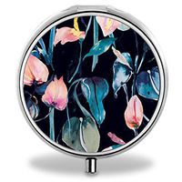 Dark Floral Pill Case, Round Stainless Drug Organizer Container Medicine Cover for Pocket Daily&Weekly