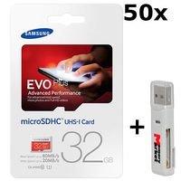 50 PACK - Samsung Evo Plus 32GB MicroSD HC Class 10 UHS-1 80mb/s Mobile Memory Card 32G MB-MC32D LOT OF 50 with USB 2.0 MemoryMarket dual slot MicroSD & SD Memory Card Reader