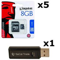 5 PACK - Kingston 8GB MicroSD HC Class 4 TF MicroSDHC TransFlash Memory Card SDC8/8GB 8G 8 GB GIGS (M.A8.RTx5.550) LOT OF 5 with USB SoCal Trade SCT Dual Slot MicroSD & SD Memory Card Reader - Retail Packaging