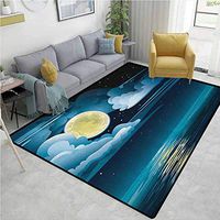 YucouHome Night Patchwork Floor Mat for Kids, Clouds Full Moon and Stars Over The Sea Romantic Fantasy Graphic Print, Fashionable High Class Living Bedroom Rugs(3'x 8') Black Pale Blue Eggshell