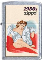 Zippo Windy Vintage Nose Art Fur Coat Pinup 1950 Era Satin Chrome Lighter NEW