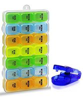 Small to Medium Sized Easy Open 7 Day Travel Pill Organizer Box Weekly Case, Prescription & Medication, Vitamin Organizer, Rainbow Reminder Daily with Tablet Cutter (828)