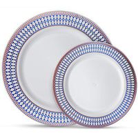 Laura Stein Designer Dinnerware Set | 32 Disposable Plastic Party Plates | White Wedding Plates, Blue Rim, Rose Gold Accents | Includes 16 10.75" Dinner Plates & 16 7.5” Salad Plates | Midnight Blue