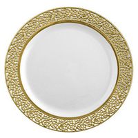 Posh Setting Lace Collection 40 Pack China Look 10.25 Inch White/Gold Plastic Dinner Plates, Fancy Disposable Dinnerware