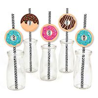 Donut Worry, Let's Party - Paper Straw Decor - Doughnut Party Striped Decorative Straws - Set of 24