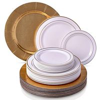 MODERN ELEGANT DISPOSABLE 60 PC DINNERWARE SET | Heavy Duty Plastic Dishes | 20 Chargers | 20 Dinner Plates | 20 Salad Plates | for Upscale Wedding and Dining | Golden Glare Collection (White/Gold)