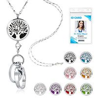 TONY & SANDY Lanyard Necklace Diffuser Aromatherapy Stainless Steel Beaded Chain Necklace Silver for ID Badge Holder and Keys Non Breakaway Essential Oil Pendant Locket for Women Nurse Tree of Life