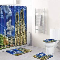 Naiflowers 4 Piece Bath Shower Curtain Sets, Notre Dame de Paris Bathroom Shower Curtain & Toilet Mat & Lid Cover & Non Slip Rugs, Washable Shower Bath Curtain Carpet for Tub Living Room (C)
