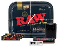 RAW Large Rolling Tray (Black), Classic King Size Slim Paper, 110mm Adjustable 2-Way Roller, Leaf Lock Gear UV Glass Stash Jar, with Hippie Butler Grinder Card- 5 Item Bundle