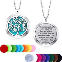Mtlee Aromatherapy Essential Oil Diffuser Necklace Locket Pendant Stainless Steel Perfume Necklace with 16 Refill Pads and 24 inch Adjustable Chain (Tree with Star)