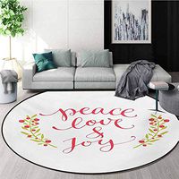 Quote Washable Creative Modern Round Rug,Peace Love And Joy Calligraphic Xmas Text With Winter Berries Wreath Coffee Table Mat Non-Skid Living Room Carpet,Round-51 Inch Dark Coral Yellow Green