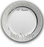 buyNsave White with Silver Heavyweight Plastic Elegant Disposable Plates, Wedding Party Elegant Dinnerware, Hammered Collection (40, 10.25" Dinner Plates)