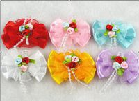 20pcs Ribbon Organza 3 Flowers Mahogany Pearl Flowers Bows Wedding Appliques (Mix)
