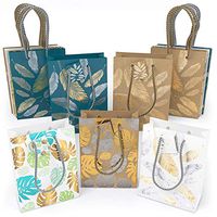 ARTEZA Gift Bags 9.5 x 7 x3.4 Inches, Set of 15 Pieces, 5 Mixed Designs, 2 Kraft and 3 Colored Leaves and Feathers Pattern, 3 Pieces in Each Design