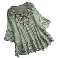 Meikosks Women's Lace Patchwork Blouses Plus Size T Shirt V-Neck 3/4 Sleeve Tops Loose Tee Green