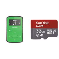 SanDisk 8GB Clip Jam MP3 Player, Green - microSD card slot and FM Radio - SDMX26-008G-G46G & Ultra 32GB microSDHC UHS-I card with Adapter - 98MB/s U1 A1 - SDSQUAR-032G-GN6MA