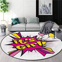 RUGSMAT Gender Reveal Round Rug,Pop Art Style Its A Girl Quote Comic Strip with Balloons Print Carpet Door Pad for Bedroom/Living Room/Balcony/Kitchen Mat,Round-59 Inch Pink Purple and Yellow