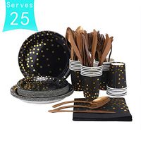 Black and Gold Party Supplies, Disposable Dinnerware Set - Black Paper Plates Napkins Cups, Gold Plastic Forks Knives Spoons for Birthday Graduation Baby Shower Wedding Cocktail Party, Serve 25