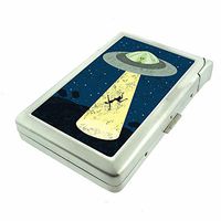 Cigarette Case with Built in Lighter Vintage Alien Abduction S10 Smoking King Size Cigarettes Silver Metal Wallet 4" X 2.75" RFID Protection Space Invaders