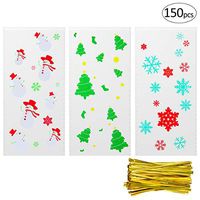 Apipi 150Pcs Christmas Cellophane Bags-Xmas Small Cellophane Treat Bags Holiday Craft Gift Goodie Cello Bags with Tree Snowman Snowflake Pattern for Christmas Party Supplies(Include 150pcs Twist Ties)