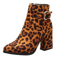 Kauneus Womens Faux Suede Leopard High Heel Ankle Booties Almond Toe Side Zipper Fashion Short Boots Brown