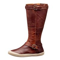 Kauneus Womens Retro Knight Boots Round Toe Flat Comfy Side Zipper High Tube Boots Classic Buckle Strap Mid Calf Boots Brown