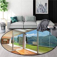 Landscape Computer Chair Floor Mat,Apartment Villa With Patio And Garden Mountain Ocean Sunny Image Printed Round Carpet For Children Bedroom Play Tent Diameter-55 Inch,White Forest Green And Blue