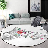 DESPKON-HOME Music Modern Machine Washable Round Bath Mat,Vintage Gramophone Record Player with Floral Ornament Blossom Antique Non-Slip Living Room Soft Floor Mat Round-63 Inch,Grey Black White