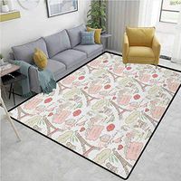 YucouHome Paris Moon & Stars Area Rug Anti Slip, French Pop Culture Lovers in Streets Bonjour Je Taime Flower Pastel Life Image, Fashionable High Class Living Bedroom Rugs(5'x 8') Dried Rose Cream