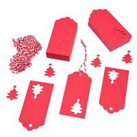 Livvd 100 Pieces Paper Gift Tags Kraft Tag Christmas Tree Design Hang Labels with Twine (Red)