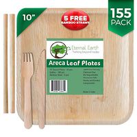 Eternal.Earth Disposable Areca Palm Leaf Plates | 10 Inch Square | 155 Piece Dinnerware Party Set | 50 Compostable Wood Forks & 50 Biodegradable Knives | +5 FREE Eco-Friendly Reusable Bamboo Straws
