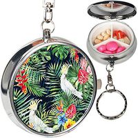 Portable Metal Pill Organizer Keychain Case Stash Box with 3 Compartments for Medicine Vitamin (Green Palm Leaves White Cockatoo)