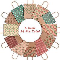 Christmas Gift Bags, UNEEDE 24Pcs Christmas Kraft Gift Bags with Assorted Christmas Prints for Kraft Holiday Paper Gift Bag, Christmas Goody Bags, School Classrooms and Party Favors, 6 Colors