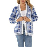 HNTDG Women Plaid Cardigan Color Block V-Neck Button Long Sleeve Knitted Sweater Loose Sweater Coat Blue