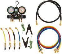 Hilmor 4-Valve Aluminum Manifold Set with Dual Readout Thermometer, 60" Hoses and Ball Valve Adapters, 4V410HD 1839131