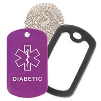 Diabetic Medical Alert ID Necklace with Purple Tag, Black Silencer, and 30'' USA Chain - 154 Color Choices