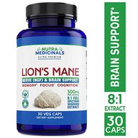 NutraMedicinals – Lion's Mane Mushroom Capsules – Nerve (NGF) & Brain Support – Natural Nootropic Supplement for Memory, Focus & Cognition – Non-GMO, Vegan, Organic (30 Caps, 8:1 Extract)