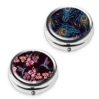 Pill Box Set of 2 - Lizimandu Compact 3 Compartment Medicine Case, Pill Box for Pocket or Purse (2-Embroidery)