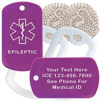 Custom 2 Pack - Epileptic Medical Alert ID Necklaces with Purple Custom Tags, White Silencers, and 30'' USA Chains