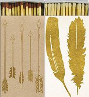 Decorative Match Boxes Gold Foil Feathers and Arrows with Long Kitchen Matches Great for Lighting Candles, Grills, Fireplaces and More | Set of 2 Large Match Boxes