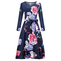 BBFairy Women's Vintage Printed Dress Long Sleeve with Belt Christmas Casual Party Evening Dress Navy