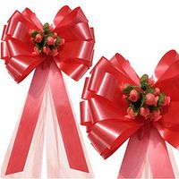 Coral Pull Bows with Tulle Tails and Rosebuds - 8" Wide, Set of 6, Wedding Pew Bows, Aisle Decoration, Reception, Anniversary, Birthday, School Dance, Valentine's Day, Fundraiser, Party Decor